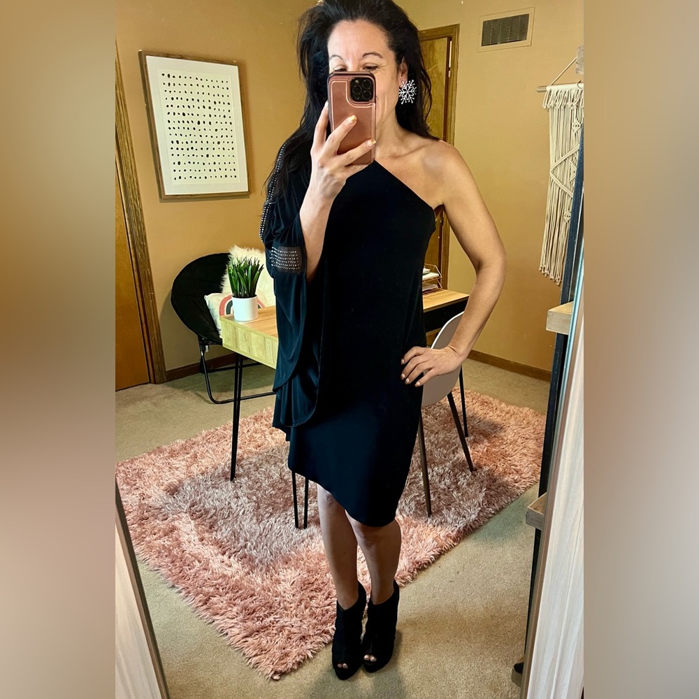 Black asymmetrical rhinestone one sleeve holiday new years cocktail party dress